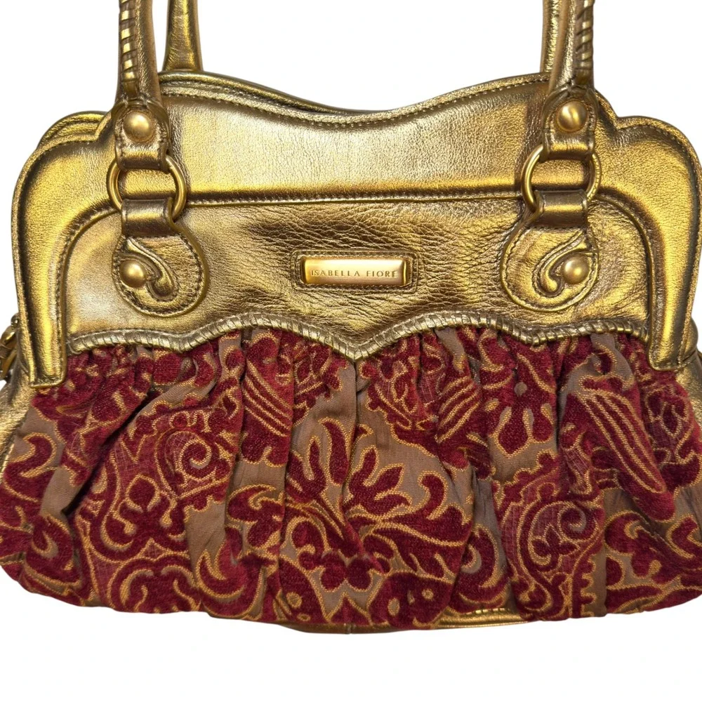 Isabella Fiore Satchel Gold Red Metallic Leather Velvet Damask Boho Handbag